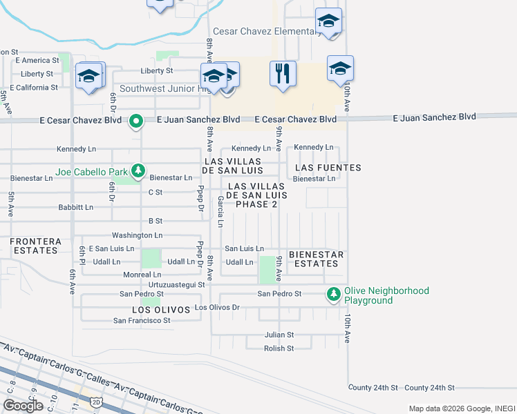 map of restaurants, bars, coffee shops, grocery stores, and more near 1734-1870 Babbitt Lane in San Luis