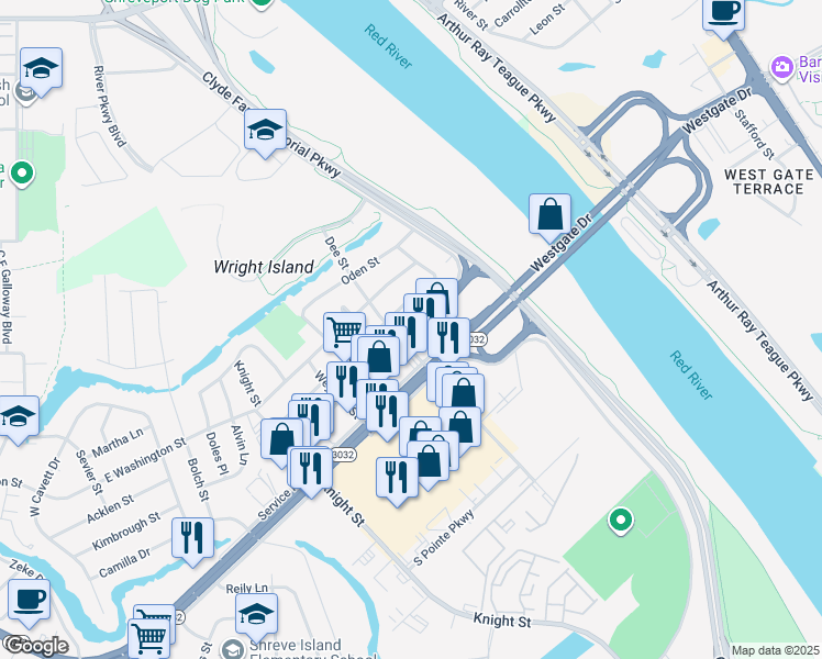 map of restaurants, bars, coffee shops, grocery stores, and more near 2927 Dee Street in Shreveport