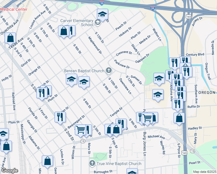map of restaurants, bars, coffee shops, grocery stores, and more near 1408 South 10th Street in Monroe