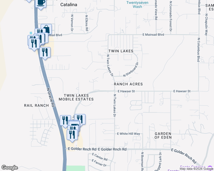map of restaurants, bars, coffee shops, grocery stores, and more near 15655 North Twin Lakes Place in Tucson