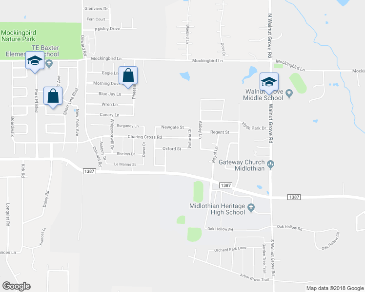 map of restaurants, bars, coffee shops, grocery stores, and more near 3445 Oxford Street in Midlothian
