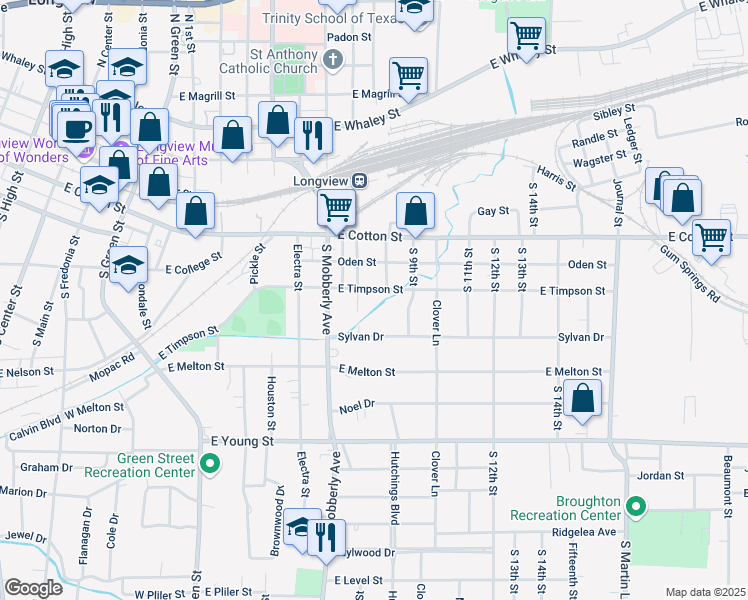 map of restaurants, bars, coffee shops, grocery stores, and more near 1102 East Timpson Street in Longview