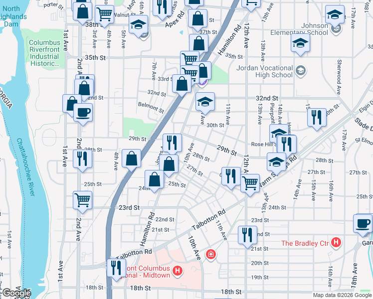 map of restaurants, bars, coffee shops, grocery stores, and more near 2801 10th Avenue in Columbus