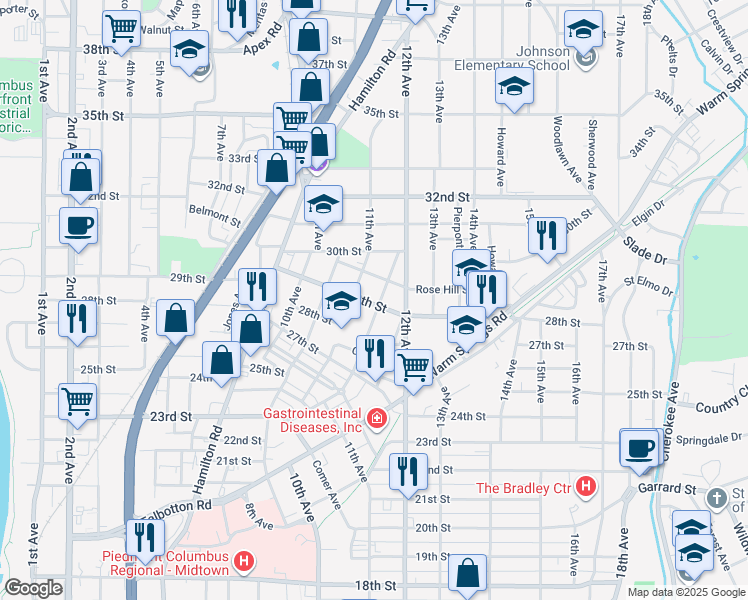 map of restaurants, bars, coffee shops, grocery stores, and more near 2901 Peabody Avenue in Columbus