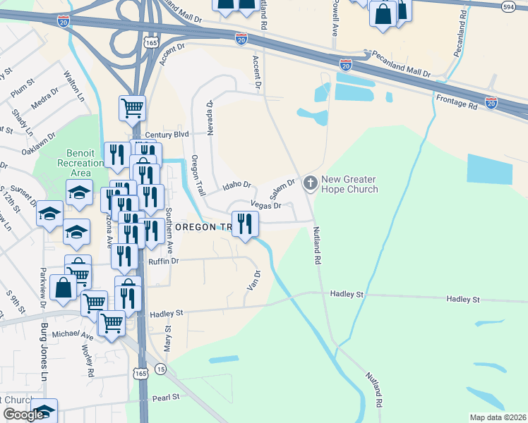 map of restaurants, bars, coffee shops, grocery stores, and more near 202 Vegas Drive in Monroe
