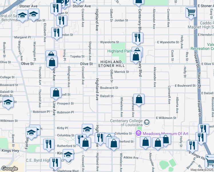 map of restaurants, bars, coffee shops, grocery stores, and more near 418 Boulevard Street in Shreveport