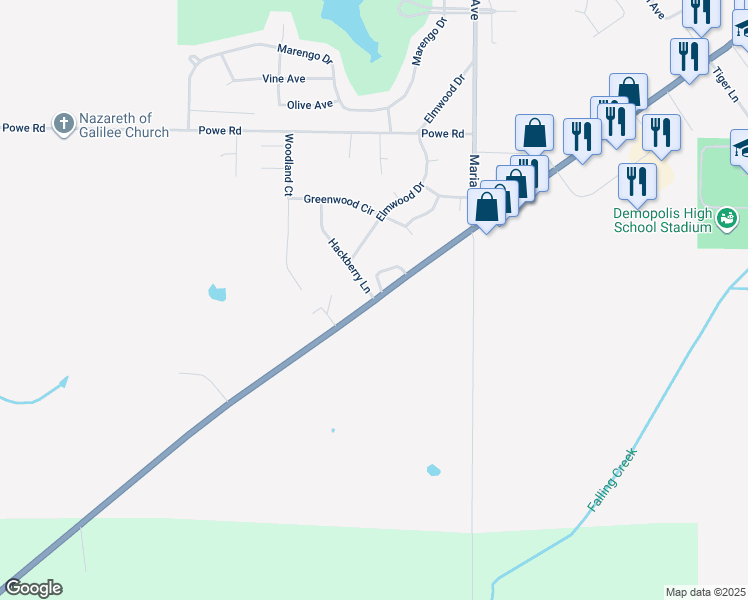 map of restaurants, bars, coffee shops, grocery stores, and more near 2032 Hackberry Lane in Demopolis