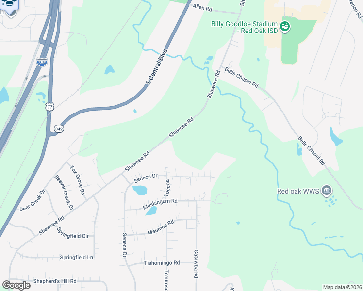 map of restaurants, bars, coffee shops, grocery stores, and more near 910 Shawnee Road in Waxahachie