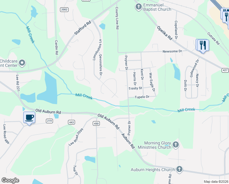 map of restaurants, bars, coffee shops, grocery stores, and more near 93 Lincolnshire Lane in Phenix City