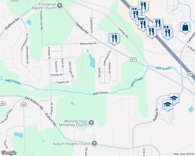 map of restaurants, bars, coffee shops, grocery stores, and more near 2819 Dotti Drive in Phenix City