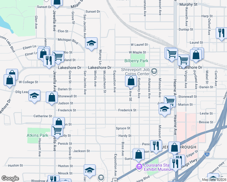 map of restaurants, bars, coffee shops, grocery stores, and more near 3203 Darien Street in Shreveport