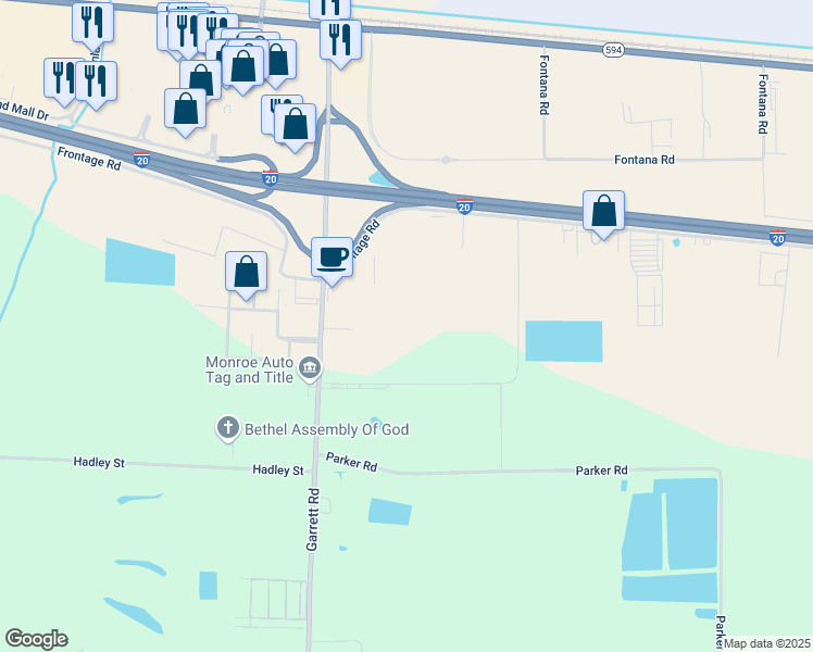 map of restaurants, bars, coffee shops, grocery stores, and more near 1545 Garrett Rd in Monroe