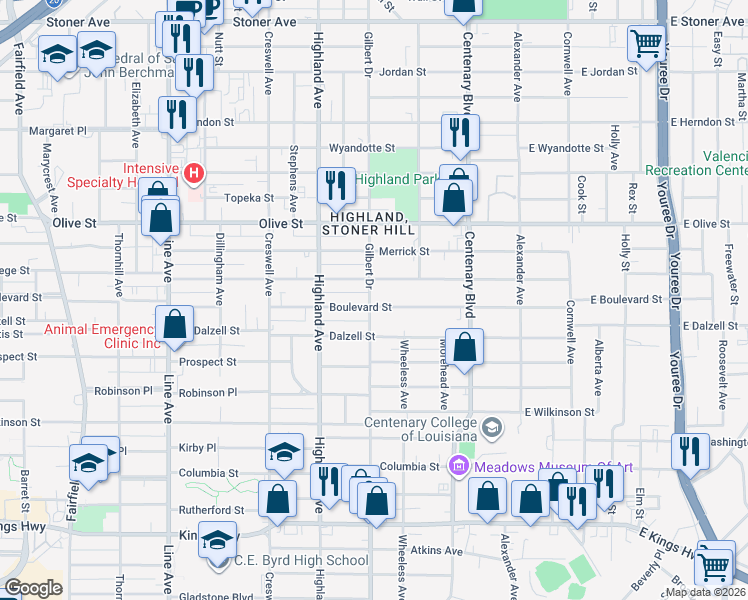 map of restaurants, bars, coffee shops, grocery stores, and more near 344 Boulevard Street in Shreveport