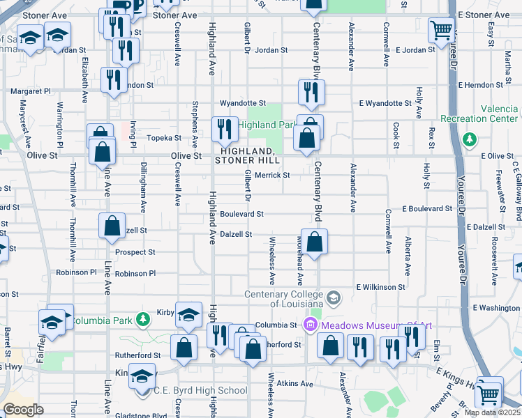 map of restaurants, bars, coffee shops, grocery stores, and more near 344 Boulevard Street in Shreveport
