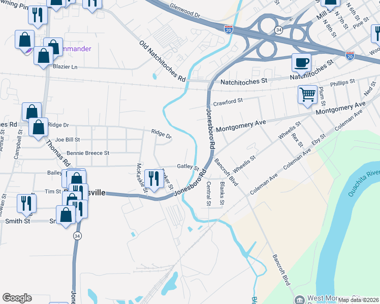 map of restaurants, bars, coffee shops, grocery stores, and more near 315 Jacob St in West Monroe