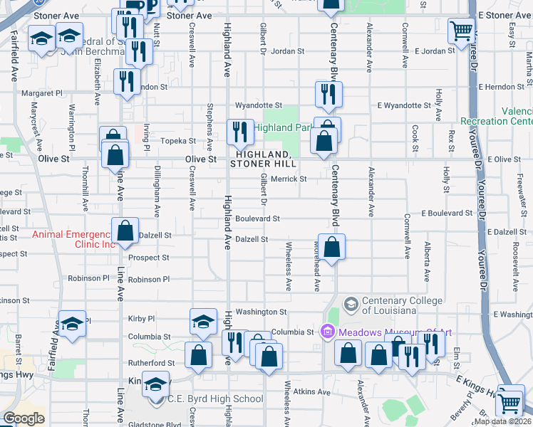 map of restaurants, bars, coffee shops, grocery stores, and more near 418 Boulevard Street in Shreveport