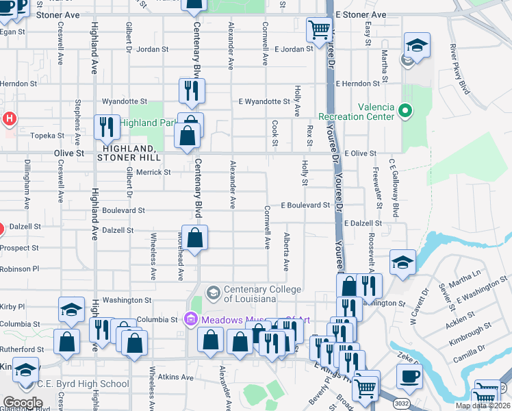 map of restaurants, bars, coffee shops, grocery stores, and more near 154 East Boulevard Street in Shreveport