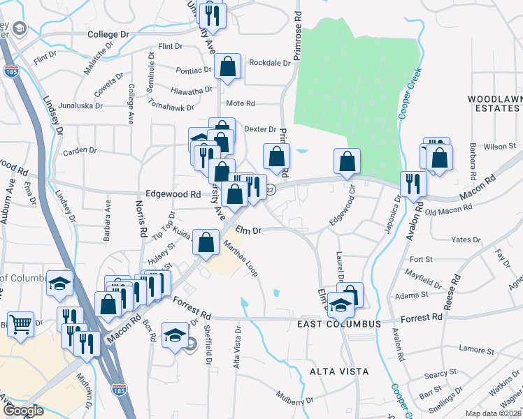 map of restaurants, bars, coffee shops, grocery stores, and more near 3918 Edgewood Circle in Columbus