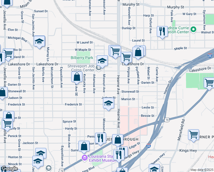 map of restaurants, bars, coffee shops, grocery stores, and more near 2749 Darien Street in Shreveport