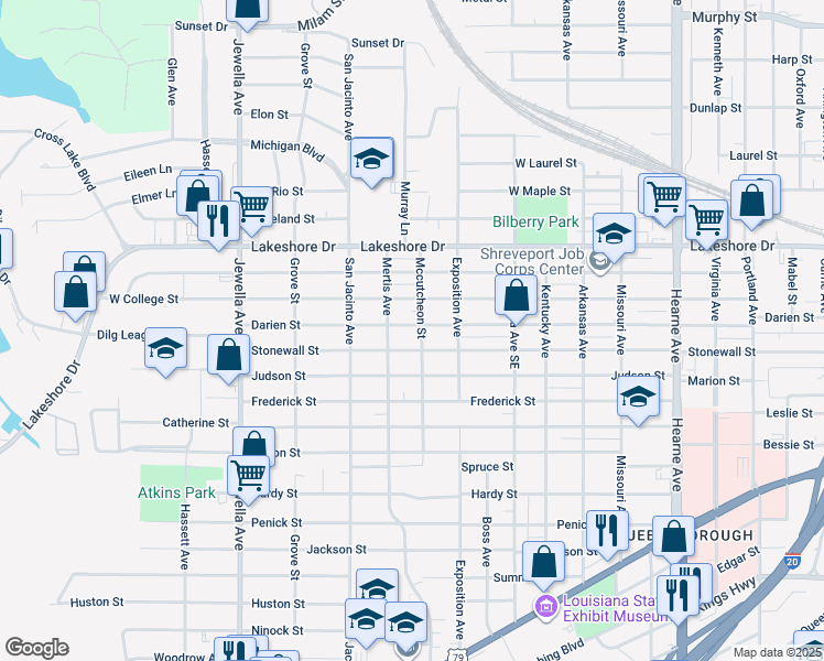 map of restaurants, bars, coffee shops, grocery stores, and more near 3305 Darien Street in Shreveport