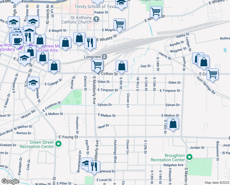 map of restaurants, bars, coffee shops, grocery stores, and more near 1102 East Timpson Street in Longview
