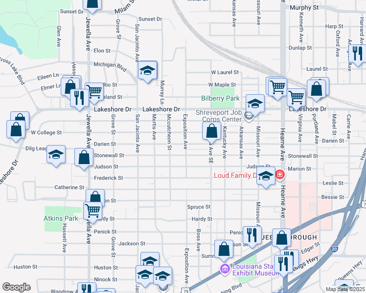 map of restaurants, bars, coffee shops, grocery stores, and more near 3203 Darien Street in Shreveport
