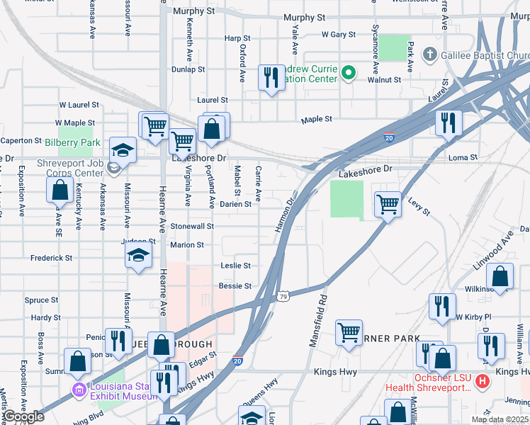 map of restaurants, bars, coffee shops, grocery stores, and more near 2231 Darien Street in Shreveport