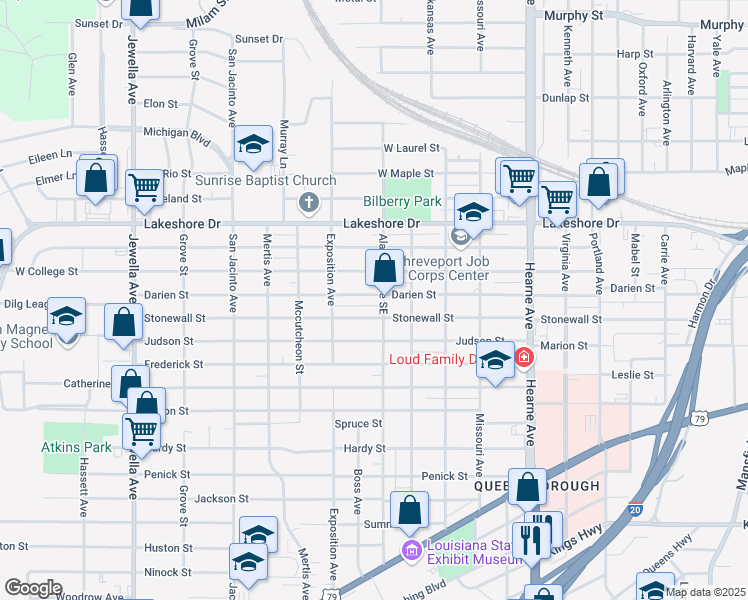 map of restaurants, bars, coffee shops, grocery stores, and more near 3109 Darien Street in Shreveport