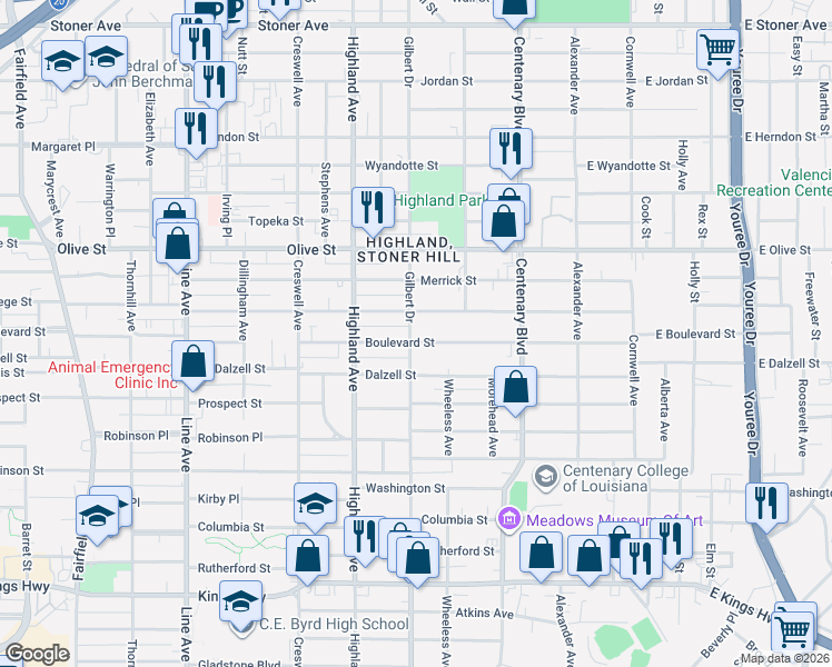 map of restaurants, bars, coffee shops, grocery stores, and more near 344 Boulevard Street in Shreveport