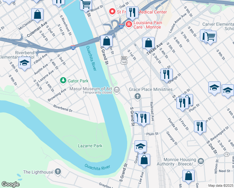 map of restaurants, bars, coffee shops, grocery stores, and more near 1400 South Grand Street in Monroe