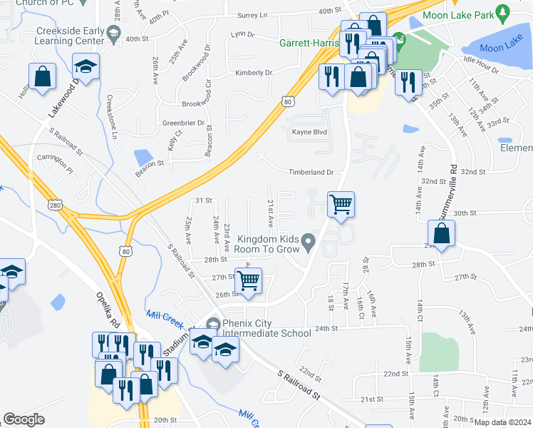 map of restaurants, bars, coffee shops, grocery stores, and more near 2909 21st Avenue in Phenix City
