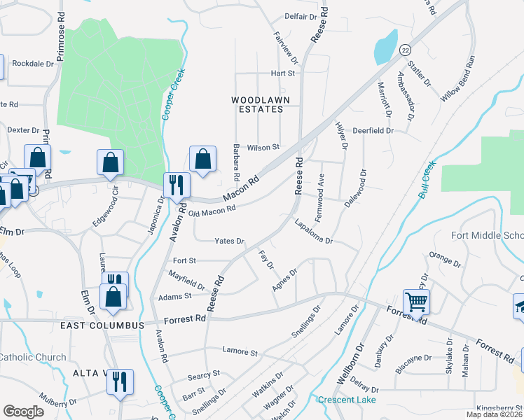 map of restaurants, bars, coffee shops, grocery stores, and more near 4334 Old Macon Road in Columbus