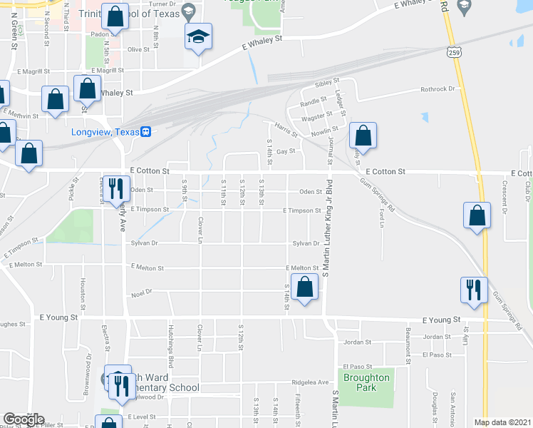 map of restaurants, bars, coffee shops, grocery stores, and more near 400 South 13th Street in Longview