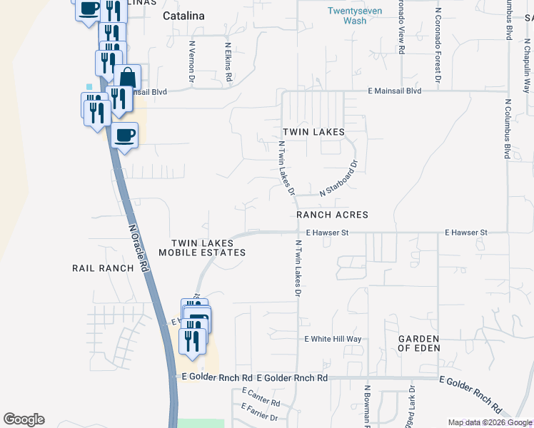 map of restaurants, bars, coffee shops, grocery stores, and more near 15655 North Twin Lakes Place in Tucson