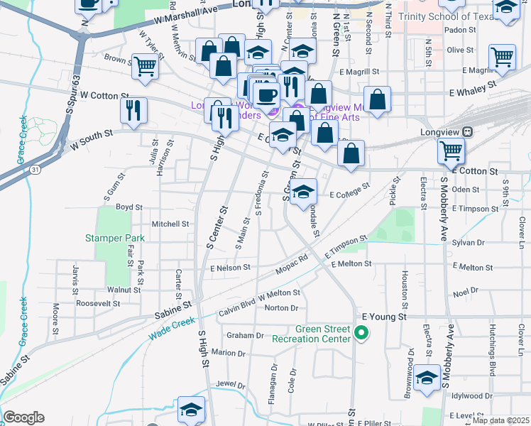 map of restaurants, bars, coffee shops, grocery stores, and more near 414 South Fredonia Street in Longview