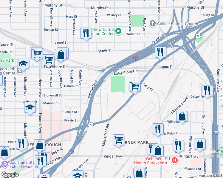 map of restaurants, bars, coffee shops, grocery stores, and more near in Shreveport