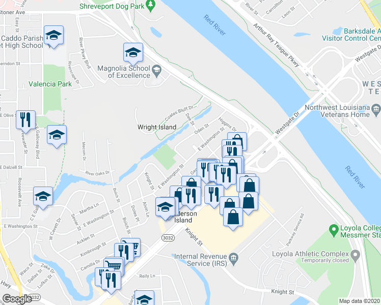 map of restaurants, bars, coffee shops, grocery stores, and more near 1226 East Washington Street in Shreveport