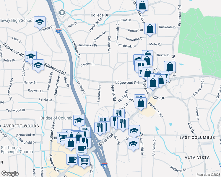 map of restaurants, bars, coffee shops, grocery stores, and more near 2807 Norris Road in Columbus