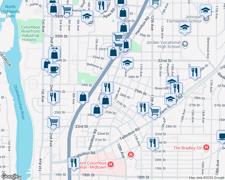 map of restaurants, bars, coffee shops, grocery stores, and more near 2801 10th Avenue in Columbus