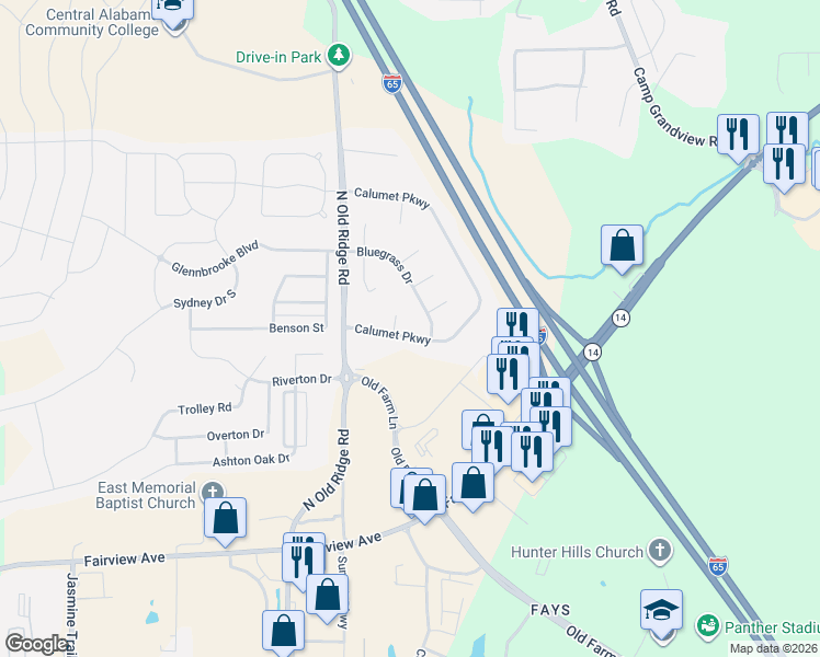map of restaurants, bars, coffee shops, grocery stores, and more near 801 Bluegrass Drive in Prattville