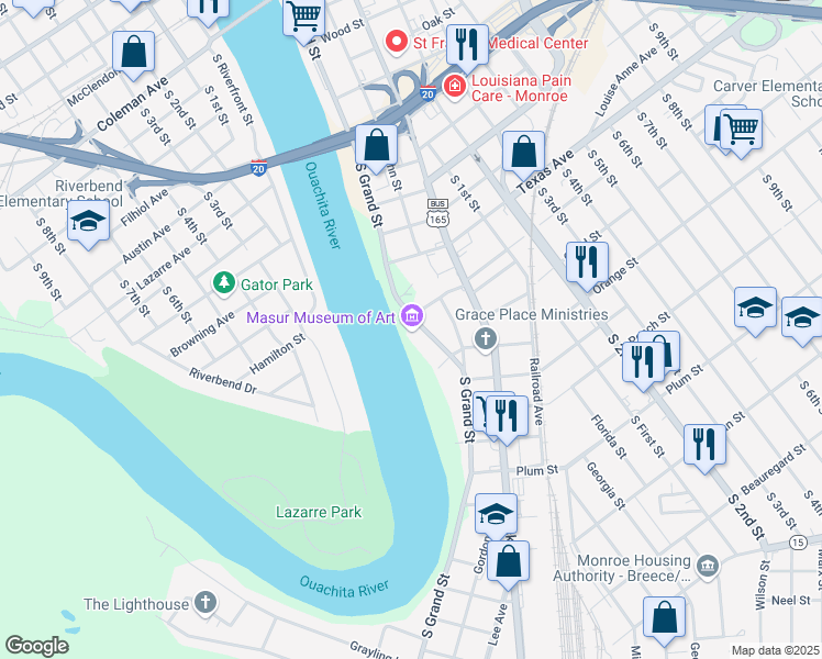 map of restaurants, bars, coffee shops, grocery stores, and more near 1400 South Grand Street in Monroe