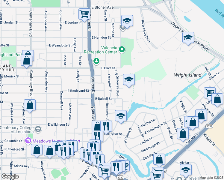 map of restaurants, bars, coffee shops, grocery stores, and more near 2229 Freewater St in Shreveport