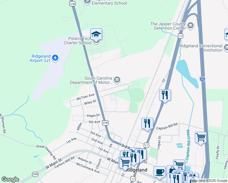 map of restaurants, bars, coffee shops, grocery stores, and more near 293 Volunteer Park Road in Ridgeland
