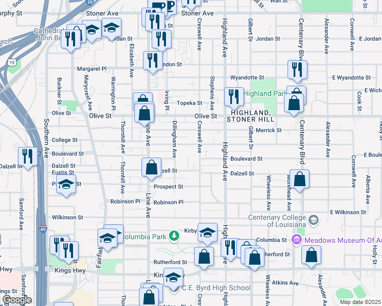 map of restaurants, bars, coffee shops, grocery stores, and more near 6987 Common Street in Shreveport