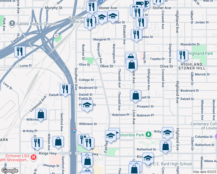 map of restaurants, bars, coffee shops, grocery stores, and more near 948 Boulevard Street in Shreveport