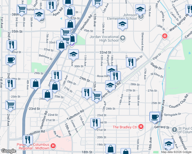 map of restaurants, bars, coffee shops, grocery stores, and more near 1212 Rose Hill Street in Columbus