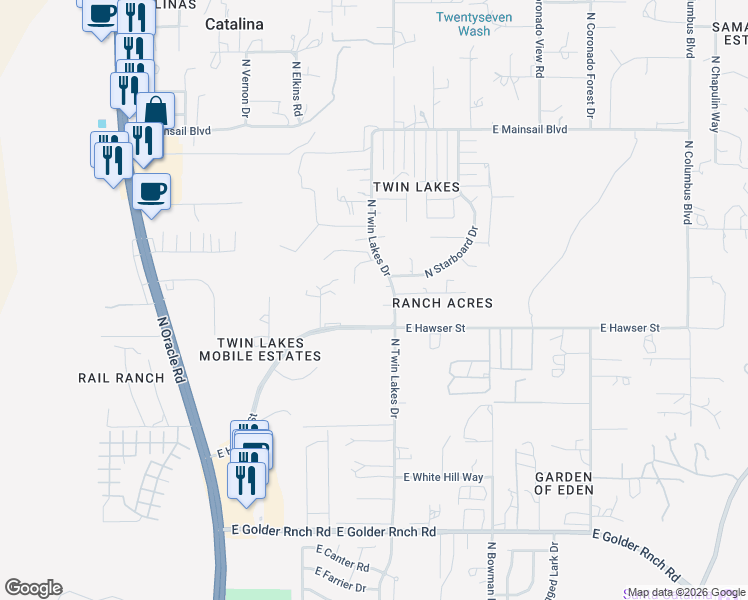 map of restaurants, bars, coffee shops, grocery stores, and more near 15645 North Twin Lakes Drive in Tucson
