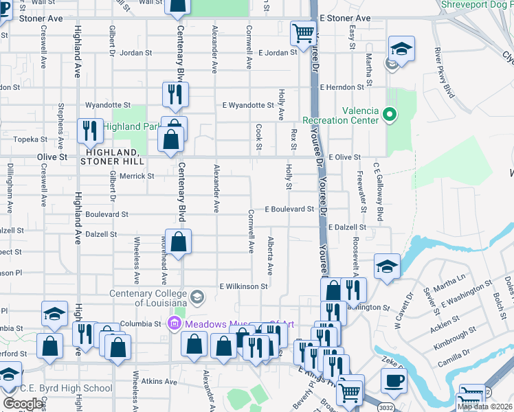 map of restaurants, bars, coffee shops, grocery stores, and more near 2227 Cornwell Avenue in Shreveport