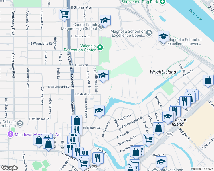 map of restaurants, bars, coffee shops, grocery stores, and more near 2127 C E Galloway Boulevard in Shreveport