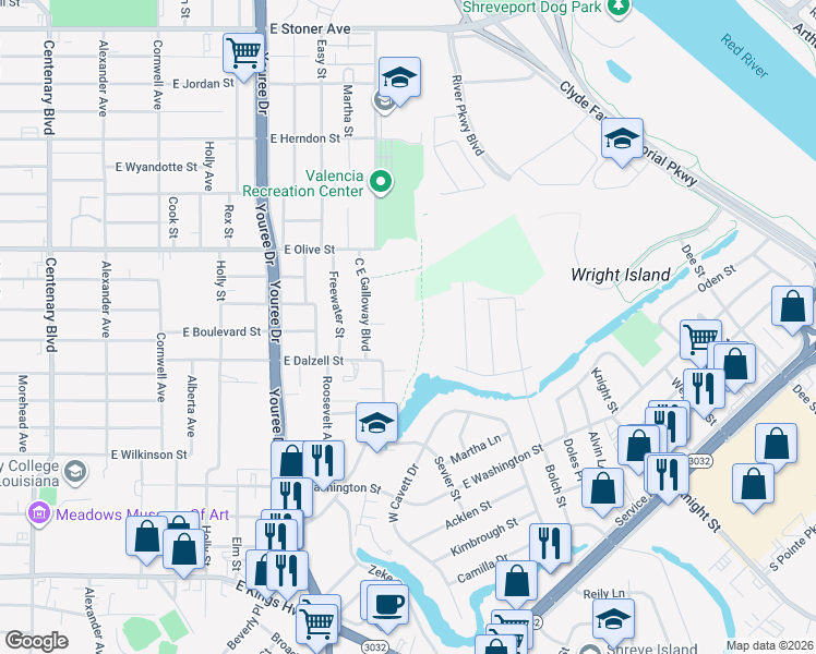 map of restaurants, bars, coffee shops, grocery stores, and more near 2127 C E Galloway Boulevard in Shreveport